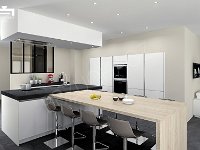 Cuisine 08 - blanc mat, ilot avec table bois, mur d'armoires, sa