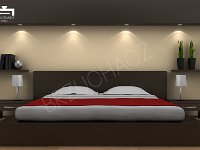 modern bedroom with brown bed and beige wall